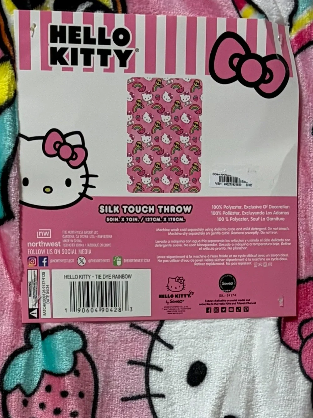 Hello Kitty Tie Dye Rainbow Pink Plush Throw Blanket
